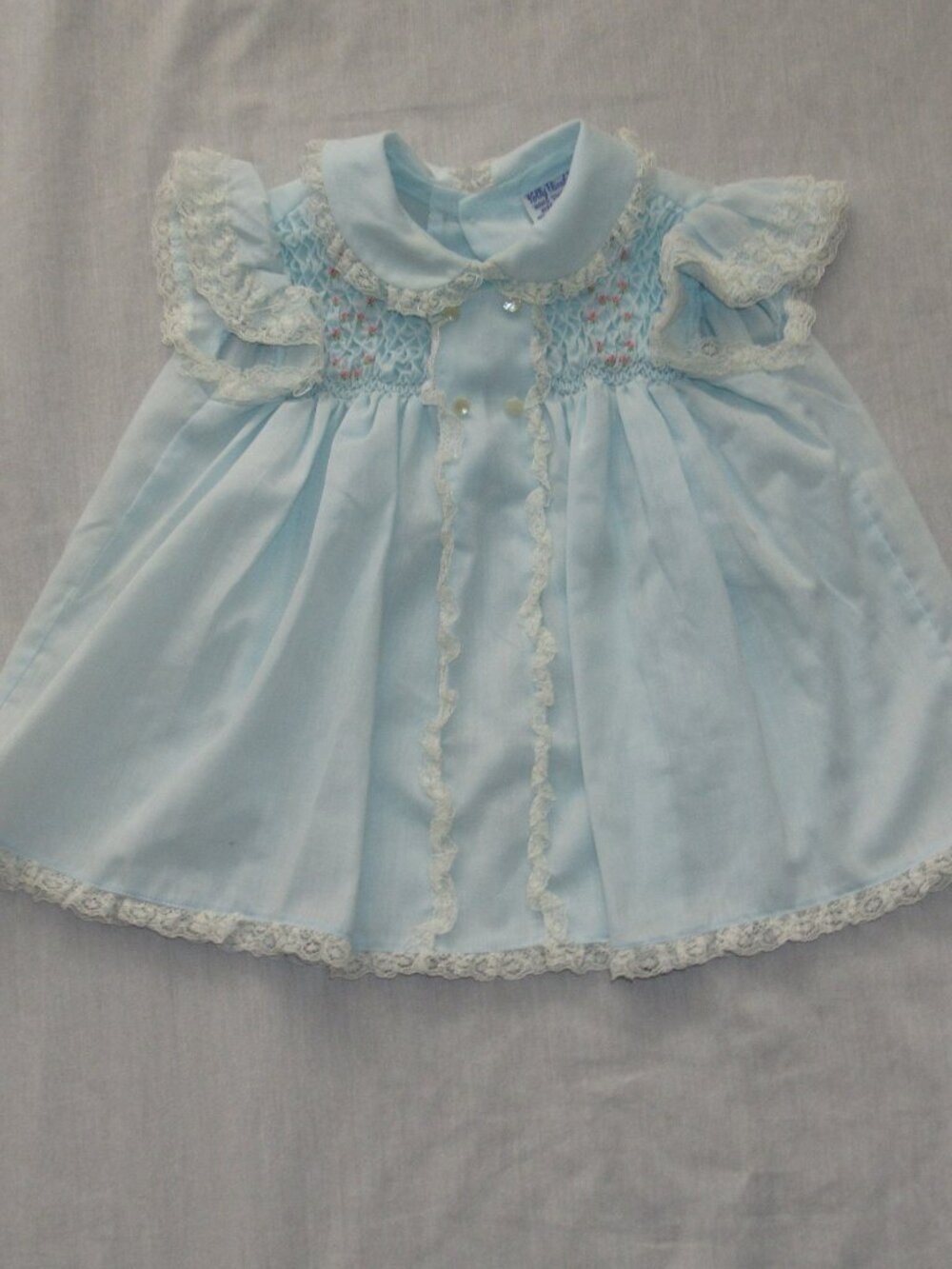 Vintage Polly Flinders 12 Months Hand Smocked Blue Dress Lace Trim Pink Rosette